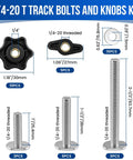 1/4-20 T Track Bolts And Knobs Kit, 45-Piece Hardware Set With Star Knobs And Thumb Knobs, Washers For Woodworking Jigs And Fixtures, Pro Grade All-In-One Kit For 1 In, 1-1/2 In, 2-1/2 In T Track Systems shown with bolt sizes and knob dimensions