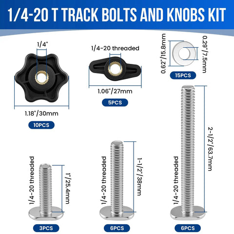 1/4-20 T Track Bolts And Knobs Kit, 45-Piece Hardware Set With Star Knobs And Thumb Knobs, Washers For Woodworking Jigs And Fixtures, Pro Grade All-In-One Kit For 1 In, 1-1/2 In, 2-1/2 In T Track Systems shown with bolt sizes and knob dimensions