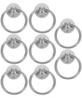 Eight Pack Metal Cabinet Pulls Ring Handles In Silver Zinc Alloy arranged in two rows for easy installation on furniture.