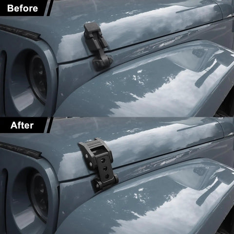 Before and after of Beefed Up Aluminum Hood Lock Latch Kit for Jeep Wrangler JK JKU JL JLU Gladiator JT Vehicles