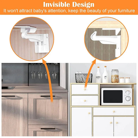 Invisible Baby Cabinet Locks with Strong Adhesive shown on kitchen cabinet, highlighting sleek design for child safety.