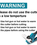 Warning sign for One And Five Eighths Inch Ratcheting PVC Cutter With Replacement Blade For PVC ABS PEX PPR Plastic Pipes.