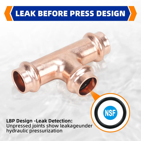 1/2-inch copper ProPress tee fitting for copper pipe, front view, NSF-certified