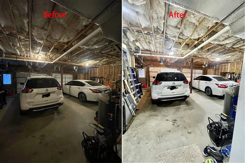 Before and after installation of Adjustable Deformable LED Garage Lights With Five Flexible Panels, illuminating a garage