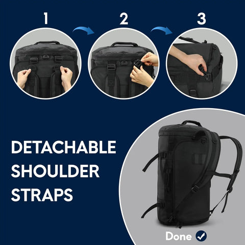Steps to attach shoulder straps on 45L Black Duffle Backpack Carry On Travel Duffle Bag With Shoe Compartment Converts To Duffle Backpack Or Shoulder Bag For Camping And Weekend Trips Durable Go To Gear For Any Adventure