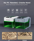 5W Portable Laser Engraver With Display Screen For Wood Acrylic Leather Wireless SD Card And Offline Engraving Deeplaser Self Developed System Class 1 Safety No PC Needed Easy Setup For Home Makers And DIY Enthusiasts, showcasing two units with sample engravings of animal eyes.