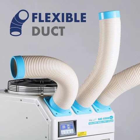 Indoor Outdoor Triple Duct Mobile Spot Cooler 22,184 BTU Industrial Grade With Oscillating Function R410A Refrigerant ETL Certified Portable Cooling Unit For Job Sites And Outdoor Areas showing flexible ducts