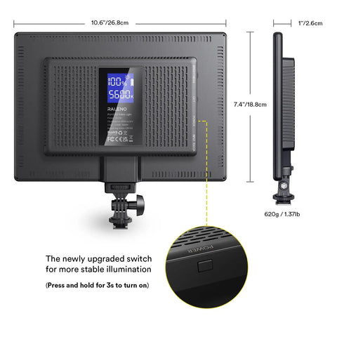 Soft 13 Inch LED Video Light Panel With 8000mAh Battery, 650 Lux Per Meter, High CRI 95 Plus, 2500K-6500K Color Temperature, Portable Studio Light backside view and switch with dimensions