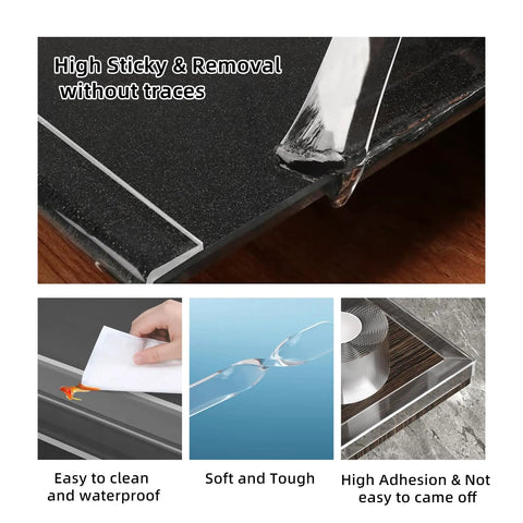 Clear Self Adhesive Corner Protectors And Edge Guard Tape For Baby Safety Flexible Bumper Strips to shield sharp furniture corners on black surface.