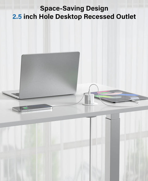 Slick Recessed Desktop Power Grommet 2.5 Inch Flush Mount Outlet with USB-C charging near a laptop on desk.