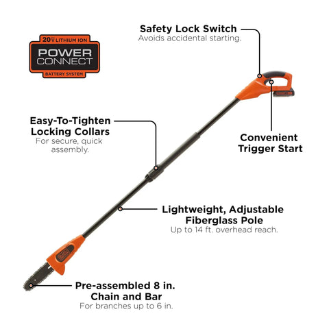20V Max Cordless Pole Saw Kit With 14 Inch Guide Bar And Lithium Battery For Smooth Tree Trimming And Tall Branch Cleanup Plug Free Backyard Boss Tool That Chops Through Heavy Duty Limbs Without Breaking A Sweat
