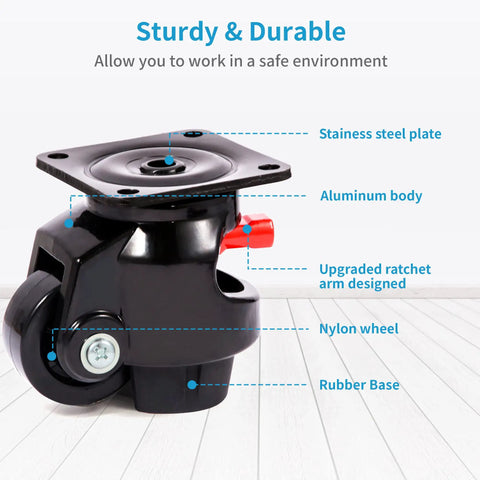 Top Shelf Leveling Casters Set Of 4 Beast Mode Ratchet Arm Base With 3300 Lbs Capacity 360 Degree Smooth Swivel Wheels for detailed caster design.