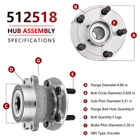 Technical specifications for Pair Rear Wheel Bearing And Hub Assemblies 512518 for Subaru Impreza Forester Crosstrek