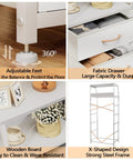 Collage showing adjustable feet, fabric drawer, wooden board, and X-shaped steel frame of Five Drawer White Dresser With Wood Top.