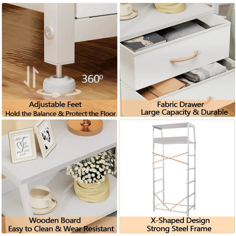 Collage showing adjustable feet, fabric drawer, wooden board, and X-shaped steel frame of Five Drawer White Dresser With Wood Top.