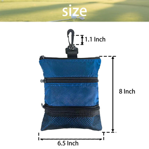 Portable Golf Ball Storage Bag With Multiple Zip Pockets And 3 Compartments For Easy Organization Of Balls Tees Gloves And Accessories Lightweight Blue Golf Organizer For Men And Women size chart showing 8x6.5x1.1 inches