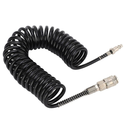 Flexible Coiled Air Hose Quarter Inch Durable Pressure Fits Tire Inflator Pump Compressor Tools Plus Dust Blowers For Car And Motorcycle Garage Shop Nylon Design Easy Storage Twenty Three Feet Length Is Good For Hot Shop Guys Got Big Deal black coiled hose with metal fittings