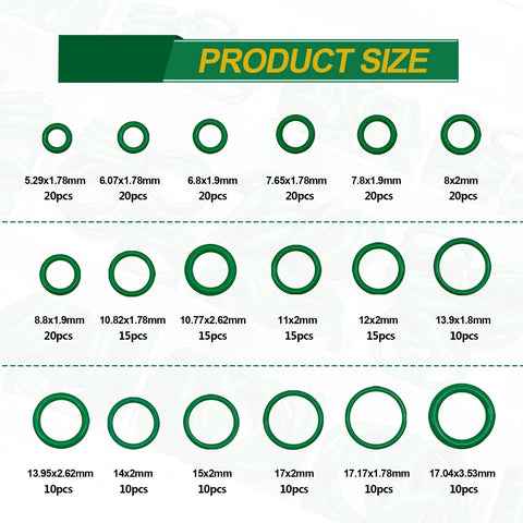 NOTISH car A/C O-ring kit size chart: green rubber O-rings in many sizes with counts labeled.