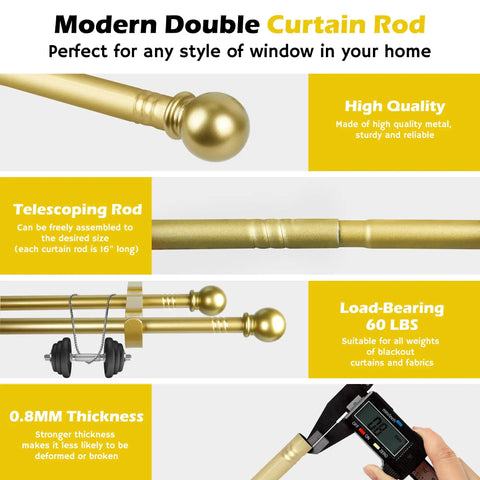 Telescoping Double Curtain Rod Set From 30 To 60 Inches With Gold Finish Includes Two Drapery Brackets Extra Long 5/8 Inch Diameter Rods