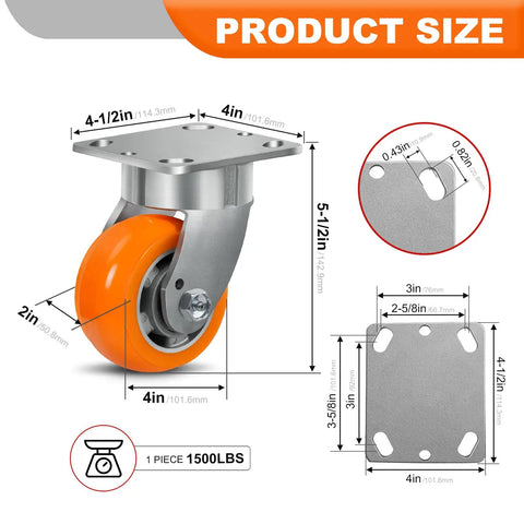 4X2 Inch Super Heavy Duty Swivel Caster Wheel Featuring Kingpinless Crowned Polyurethane Tread And Aluminum Core, Supports 1500 Pounds close-up size diagram