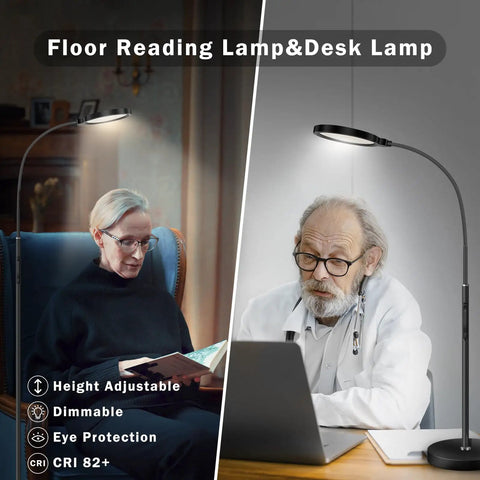 Side by side use of Flexible Gooseneck LED Floor Lamp With Remote in living room and office settings, dimmable and adjustable.