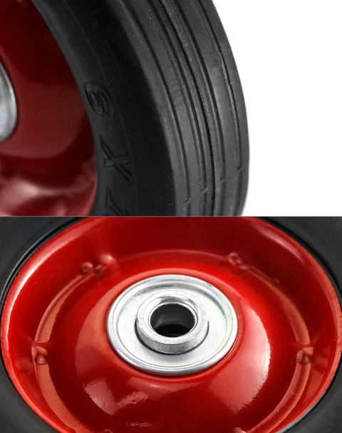 Close-up of two pack six inch hand truck wheel with half inch axle premium rubber wheel ball bearing smooth roll red hub