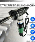 Heavy Duty Electric Pipe Beveling Machine And Chamfering Tool For Internal Expansion Grooves Handles Carbon Steel Pipes From One Point One To Three Inches - close up view with pipes in background.