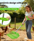 Person using 2 In 1 Chicken Poop Scooper And Rake With Handle 12 Inch Heavy Duty Metal Coop Cleaner in a chicken coop