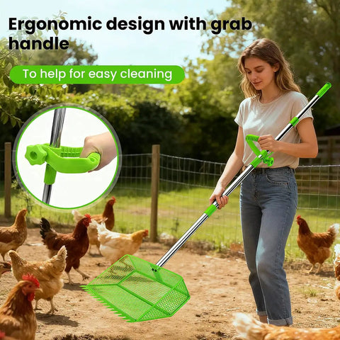 Person using 2 In 1 Chicken Poop Scooper And Rake With Handle 12 Inch Heavy Duty Metal Coop Cleaner in a chicken coop