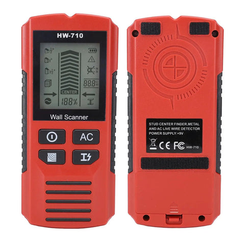 Aqur2020 Stud Finder Wall Scanner, 7 in 1 Electronic Wood Metal Wire Detector with 3 Depth Settings in red color, showing front and back.