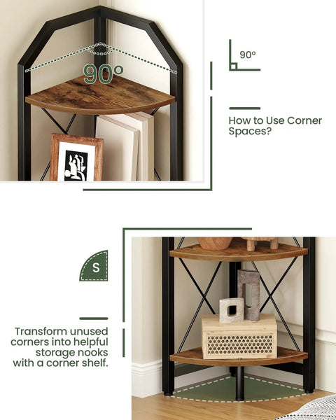 Space Saving Five Tier Corner Shelf With Industrial Edge Tall 59.4 Inch Plant Display Stand And Bookcase in Rustic Brown and Black in corner setup