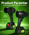 100000 RPM Cordless Leaf Blower With Dual 3Ah Batteries And Fast Charger, highlighting air outlet, switch, and non-slip handle on green background