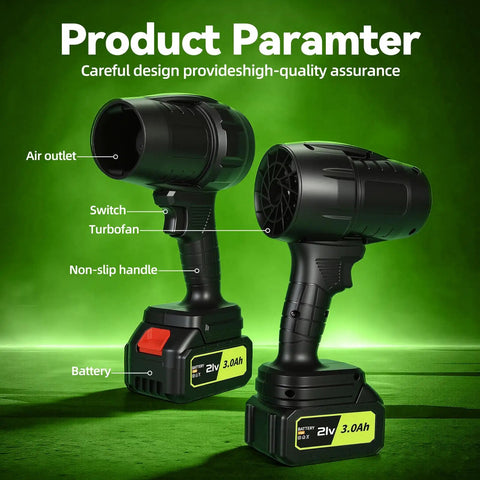 100000 RPM Cordless Leaf Blower With Dual 3Ah Batteries And Fast Charger, highlighting air outlet, switch, and non-slip handle on green background