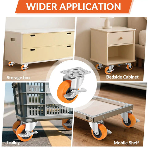 Heavy Duty Swivel Caster Wheels Set Of 4 With Locking Brakes And Sealed Ball Bearings 3 Inch Polyurethane Treads on storage box and bedside cabinet.