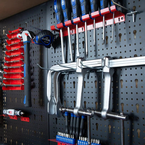 Tools organized on pegboard of Beast Heavy Duty Workbench With Pegboard And Drawers For Garage And Home Workshop, 47.25 Inch Long Steel Table