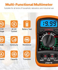 Digital Multimeter With Backlit LCD showing readings, features AC DC voltage, current, resistance, and transistor tests