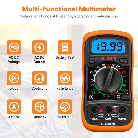 Digital Multimeter With Backlit LCD showing readings, features AC DC voltage, current, resistance, and transistor tests
