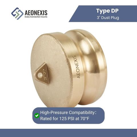 Heavy Duty 3 Inch Camlock Fittings Type DP Forged Brass Leak Proof Dust Plug with high-pressure rating for water and gas transfer.