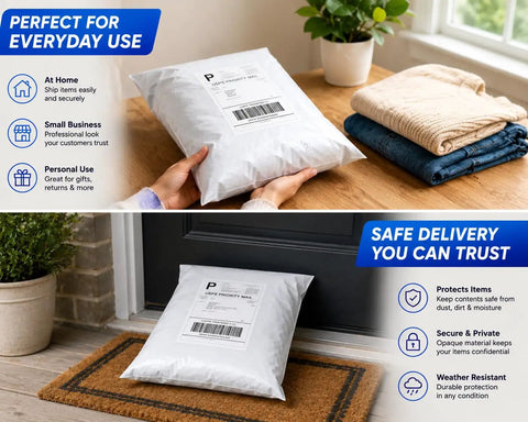 Heavy Duty Poly Mailers 14.5 x 19 Inch Waterproof Self Seal Shipping Envelopes staged next to folded clothes and delivered package