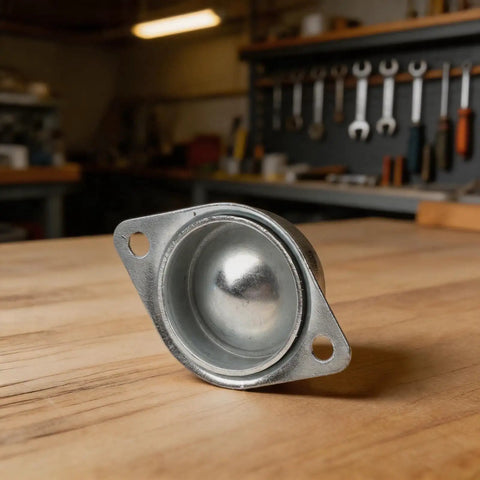 Heavy Duty Galvanized Steel Ball Wheel Casters Delivering Rock Solid Sixty Six Pound Capacity With Smooth 360 Degree Flex Swivel Action For Effortless Heavy Rolling On Shop Carts And Dollies, close-up of single caster wheel