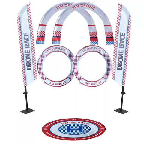 Drone Racing Obstacle Course Kit For Outdoor Practice with flags, hoops, and arches for FPV racing.