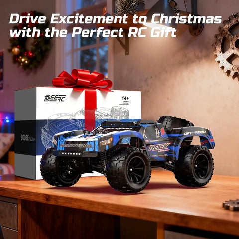 One Twelve Scale Fast RC Truck With Dual Batteries 45 KPH 4WD Off Road Monster RC Car For Adults And Kids on a wooden table