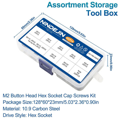 The Real Deal M2 Button Head Socket Cap Screw Assortment Kit 452 Pieces in durable storage box made of carbon steel.