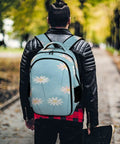 Person wearing Pastel Daisy Light Blue Watercolor Printed Backpack For Everyday Use Unisex Large Capacity Polyester Go To Daypack.