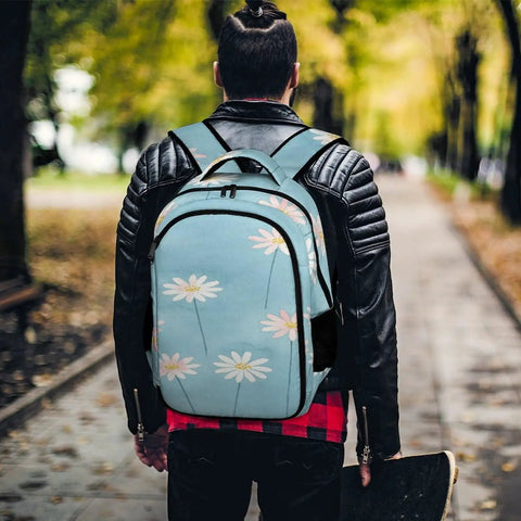 Person wearing Pastel Daisy Light Blue Watercolor Printed Backpack For Everyday Use Unisex Large Capacity Polyester Go To Daypack.