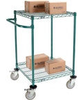 Slick Rolling Heavy Duty Two Shelf Utility Cart In Poly Green With Adjustable Racks And Smooth Five Inch Polyurethane Brake Casters loaded with boxes.