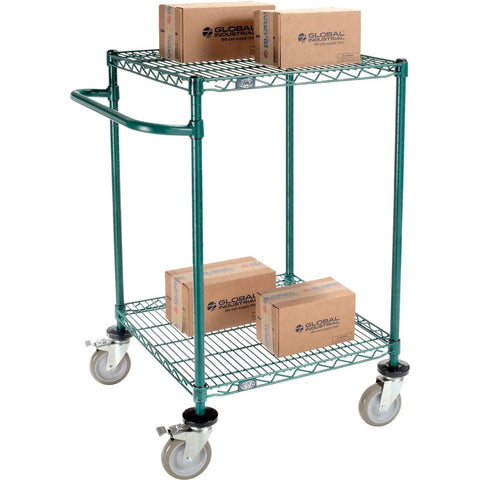 Slick Rolling Heavy Duty Two Shelf Utility Cart In Poly Green With Adjustable Racks And Smooth Five Inch Polyurethane Brake Casters loaded with boxes.