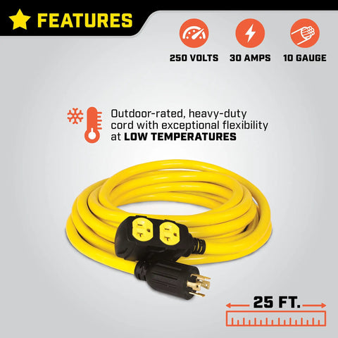 Heavy Duty 25 Foot Generator Extension Cord From L14-30P To Four 5-20R coiled with features highlighted, 30 Amp 125/250-Volt.