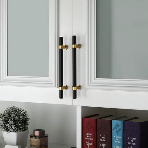 15 Pack 3 Inch Hole Center Black Cabinet Pulls And Barrel Gold Drawer Handles on white kitchen cabinet doors