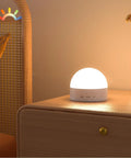 Portable Night Light With Dimmable RGB 8 Color LED, 1800mAh Rechargeable Battery on wooden shelf, cozy room setting